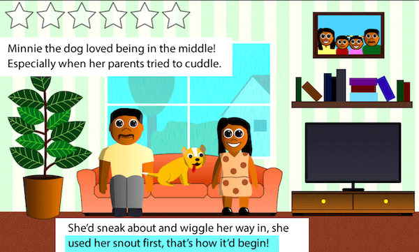 Two adults sit on a couch with a happy dog in between them. The first four lines of a poem are visible.