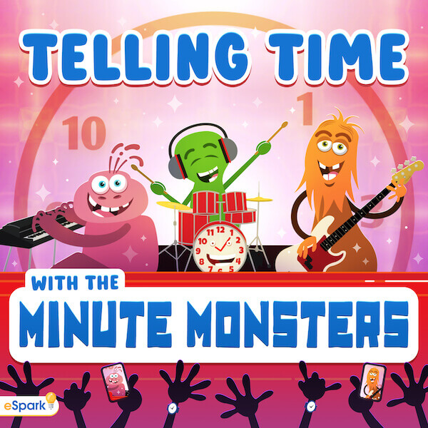 An album cover featuring the animated Minute Monsters band and the title "Telling Time with the Minute Monsters"
