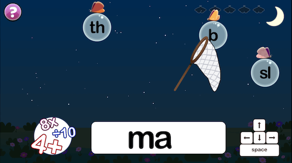 Three moths flying in a nighttime scene, each carrying a letter or consonant digraph