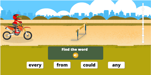 An alligator on its bike sits in front of a hurdle. There is a multiple choice problem at the bottom of the screen asking players to select the correct sight word.