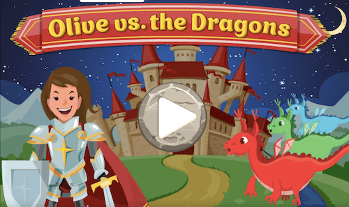 A girl in knight's armor standing next to a dragon with a large play button in the foreground