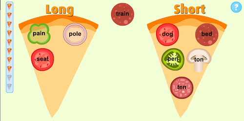 Two pizza slices split under "Long" and "Short" headings, with toppings dropped on each based on the vowel sound in single-syllable words
