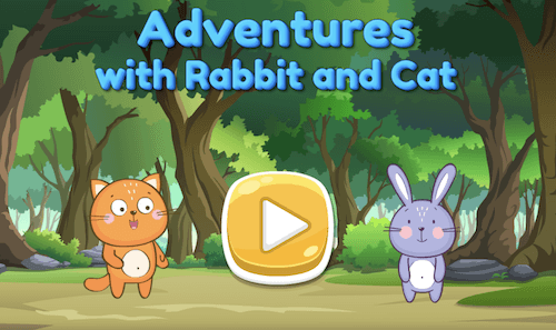 A rabbit and a cat standing near a forest with a large play button in the foreground