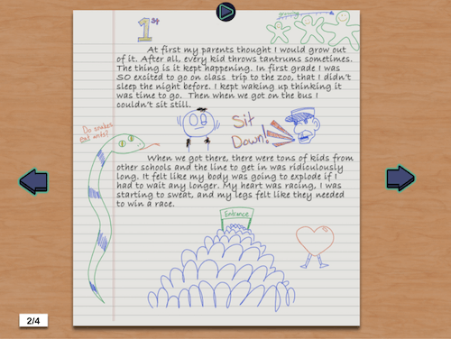 A page from a student's journal describing an experience at the zoo. The page is illustrated with doodles, including a snake and a bus driver.