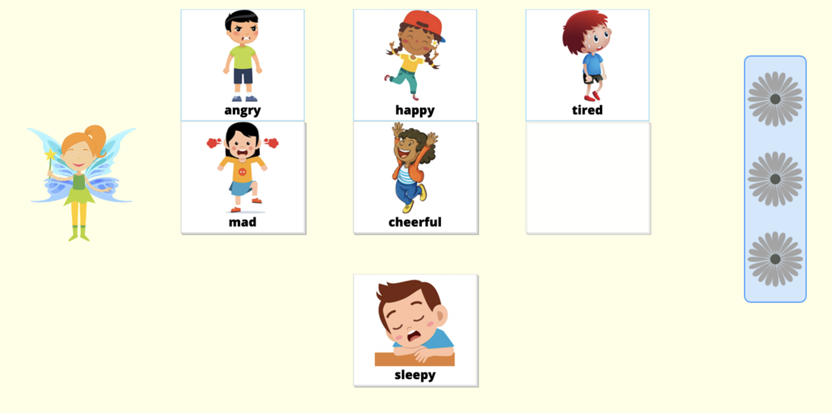 Match the feelings word and image with its synonym