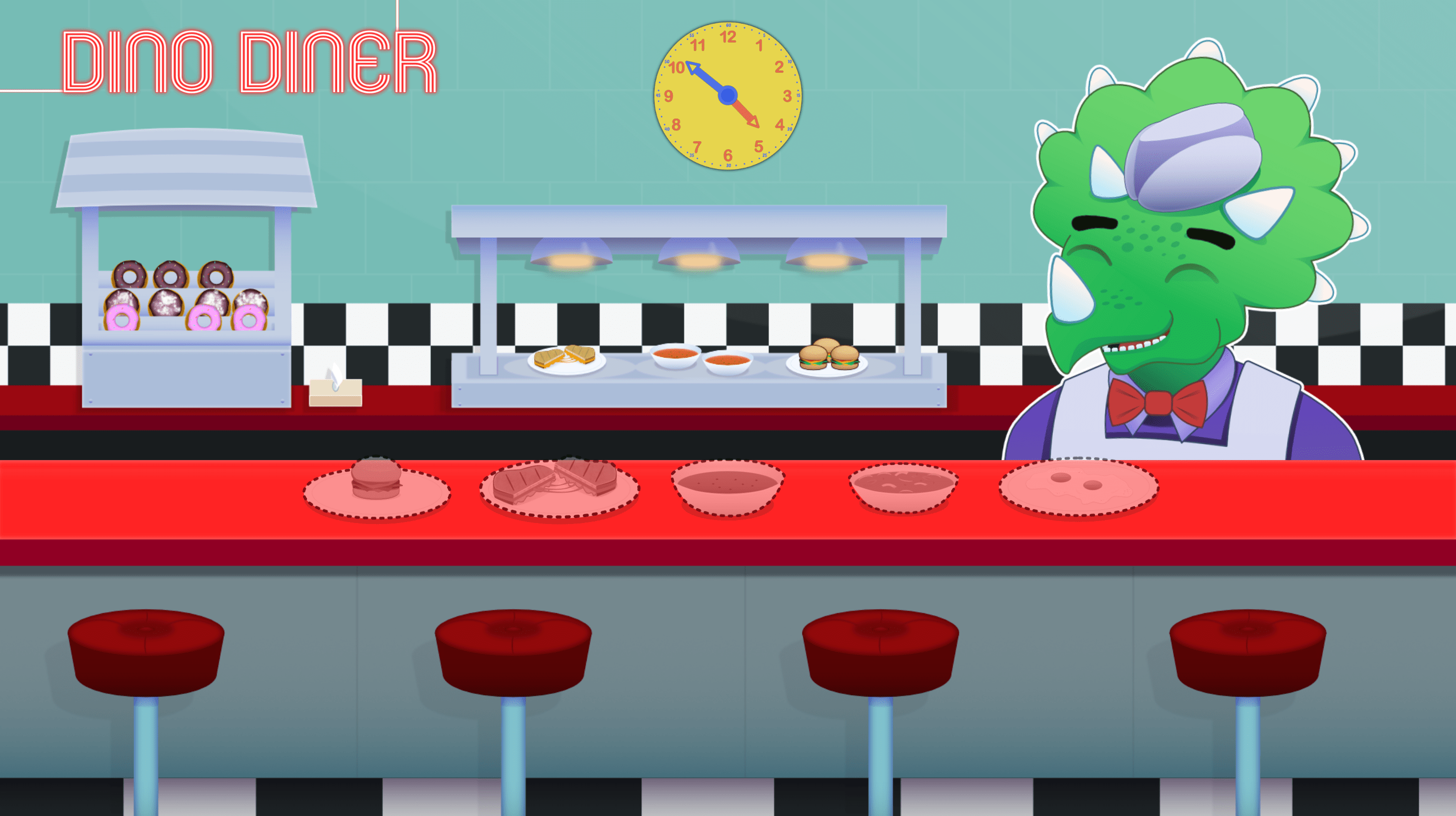 Game title screen featuring a triceratops behind a diner counter.