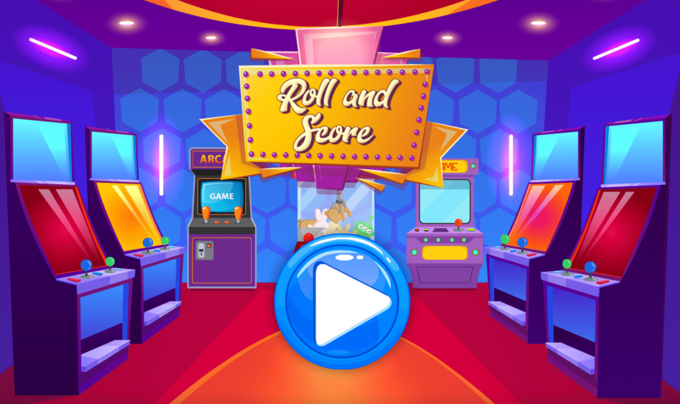 Title screen of a game with an arcade backround and a play button.