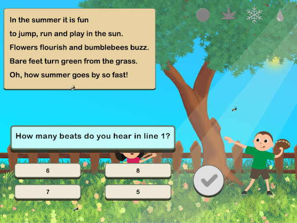 We see a rhyming text passage about summer with a summery background and a multiple choice question about the text in the foreground.