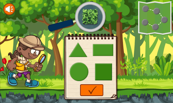 A kid detective looking at the forest floor with a magnifying glass. 4 shapes to choose from in the foreground.