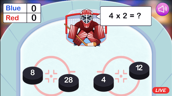 A goalie in front of a net with four numbered pucks in the foreground and a multiplication problem at the top of the screen