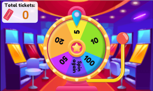 A game show-style spinning wheel with different point options and an arcade in the background.
