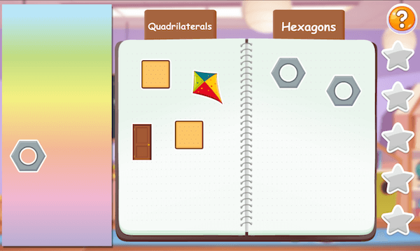 We see a two-page sticker book with labels for quadrilaterals and hexagons. Most stickers have already been placed in the corresponding pages.