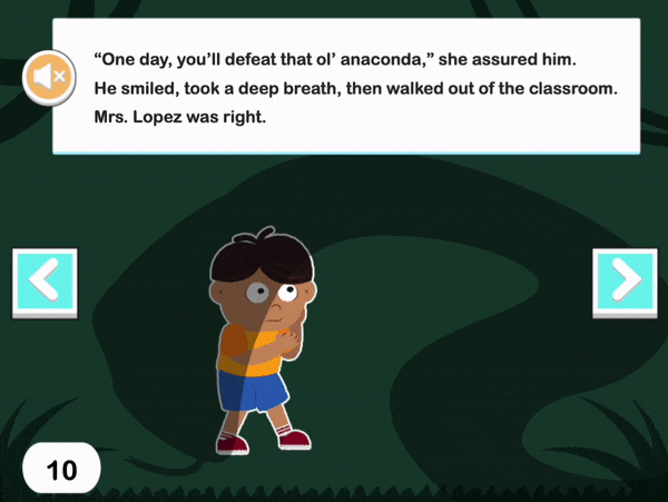 A small boy stands in the shadow of a looming snake, with a text passage at the top of the screen.