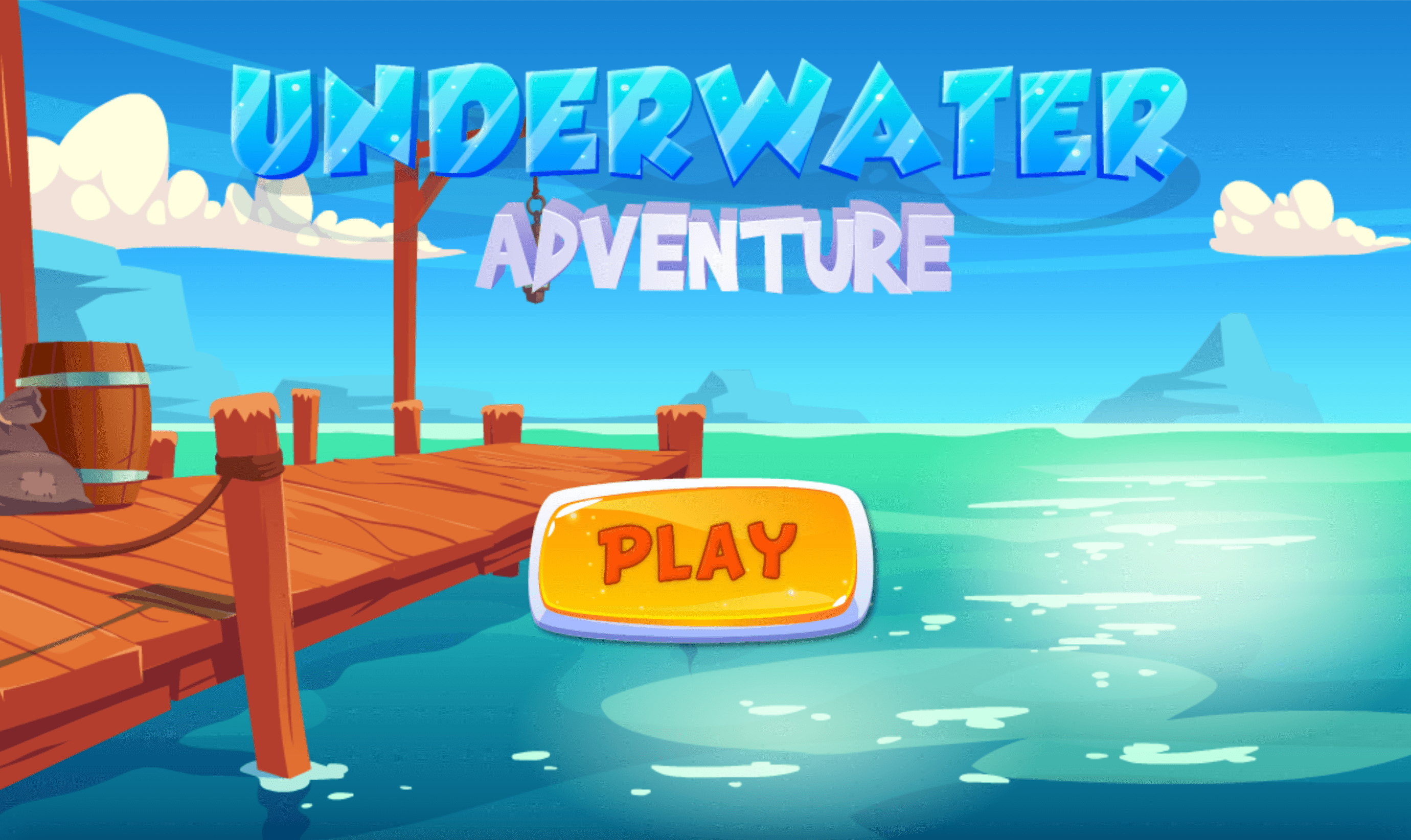 An ocean and dock in the background, with a play button and the words "Underwater Adventure" in the foreground