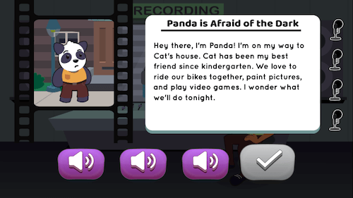 A panda bear stands in a film cell next to a brief script. Three audio icons appear in the foreground.