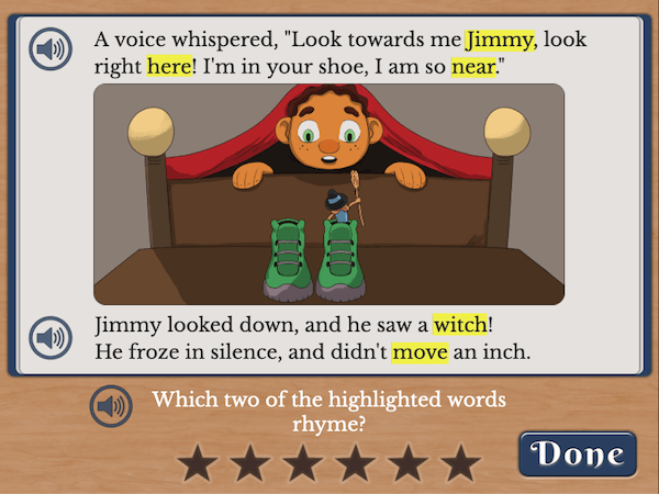 A child is looking out from beneath his blanket to see a witch perched in one of his shoes. Four words are highlighted along with a prompt to choose the words that rhyme.