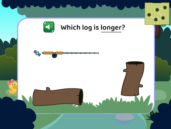 A fishing pole next to two logs, with the prompt "Which log is longer?"
