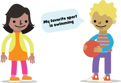 Two children standing next to each other with a speech bubble saying "My favorite sport is swimming"