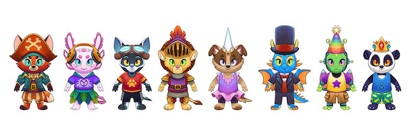 A row of eight eSpark characters modeling various fun outfits and accessories.