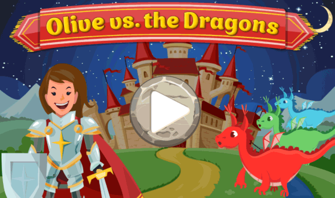 Animated GIF featuring a young female knight, dragons, a castle, and a play button.