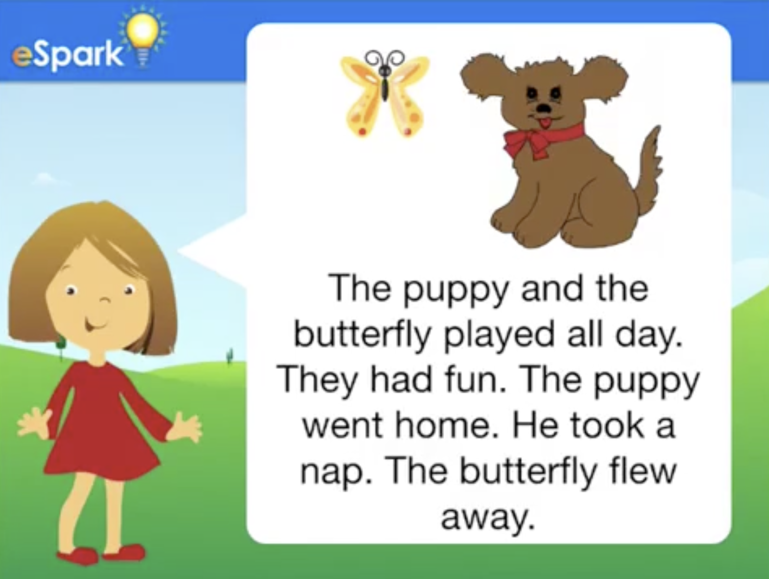 Girl tells story of a puppy and butterfly being friends