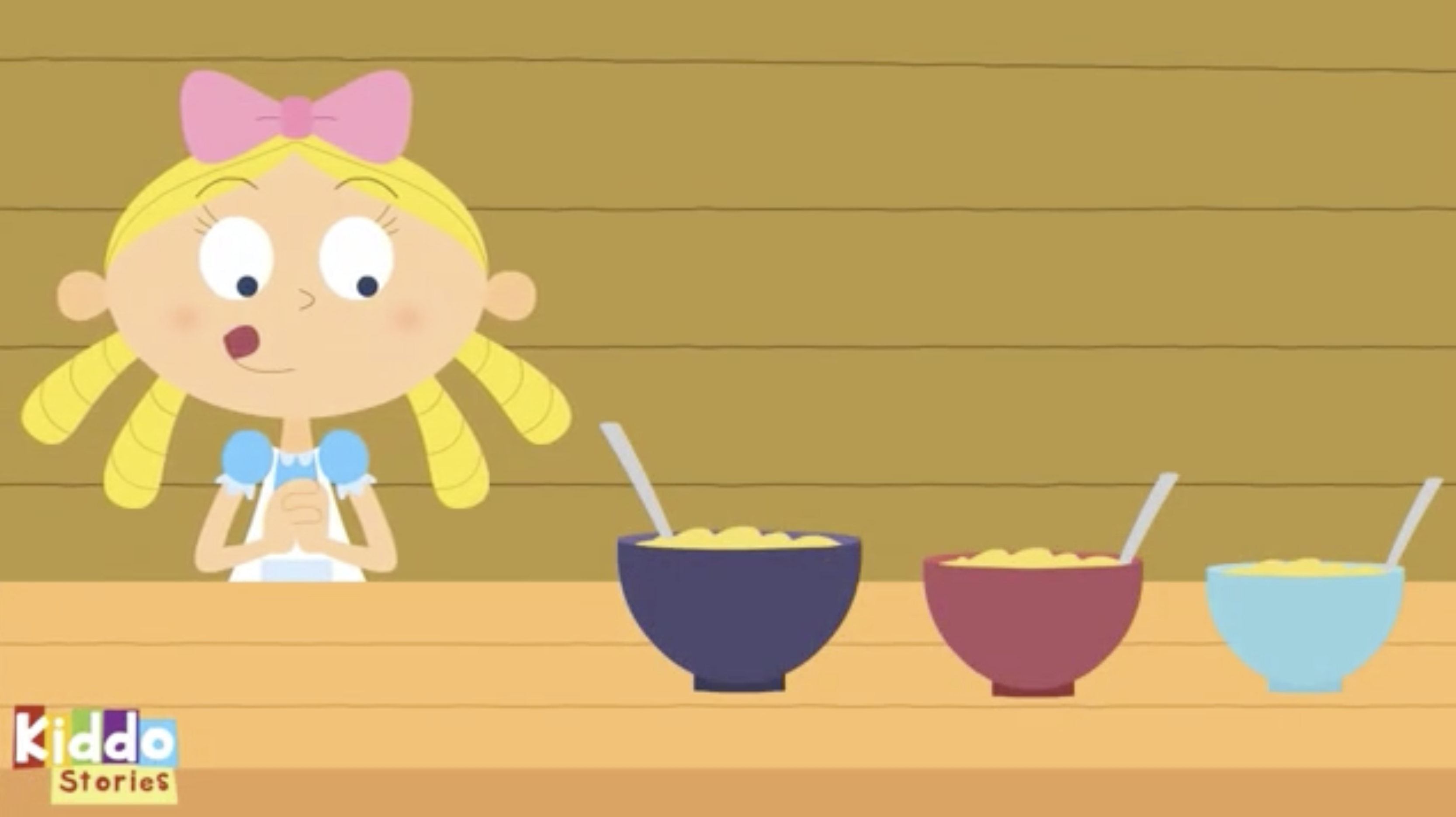 Goldilocks looking at bowls of porridge