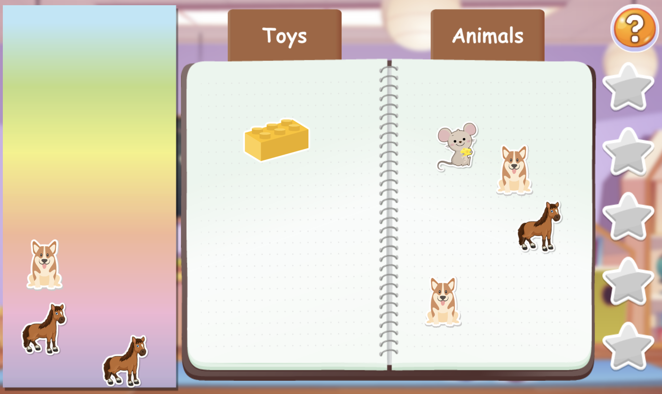 Place the stickers on the page, sorting them by toy or animal