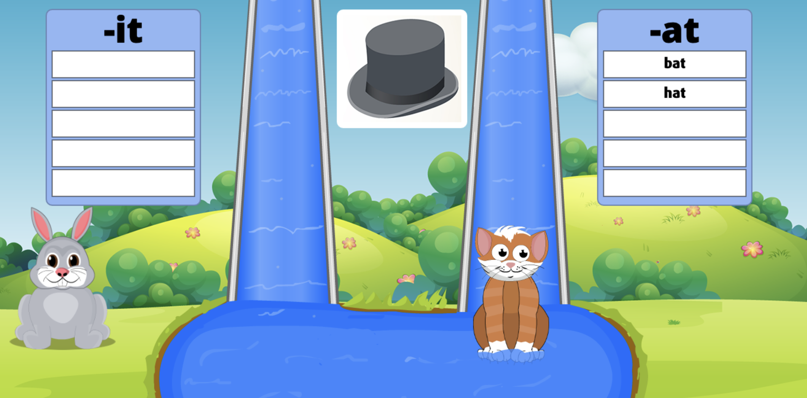 Select which word family hat belongs to to make Rabbit and Cat slide down the water slide