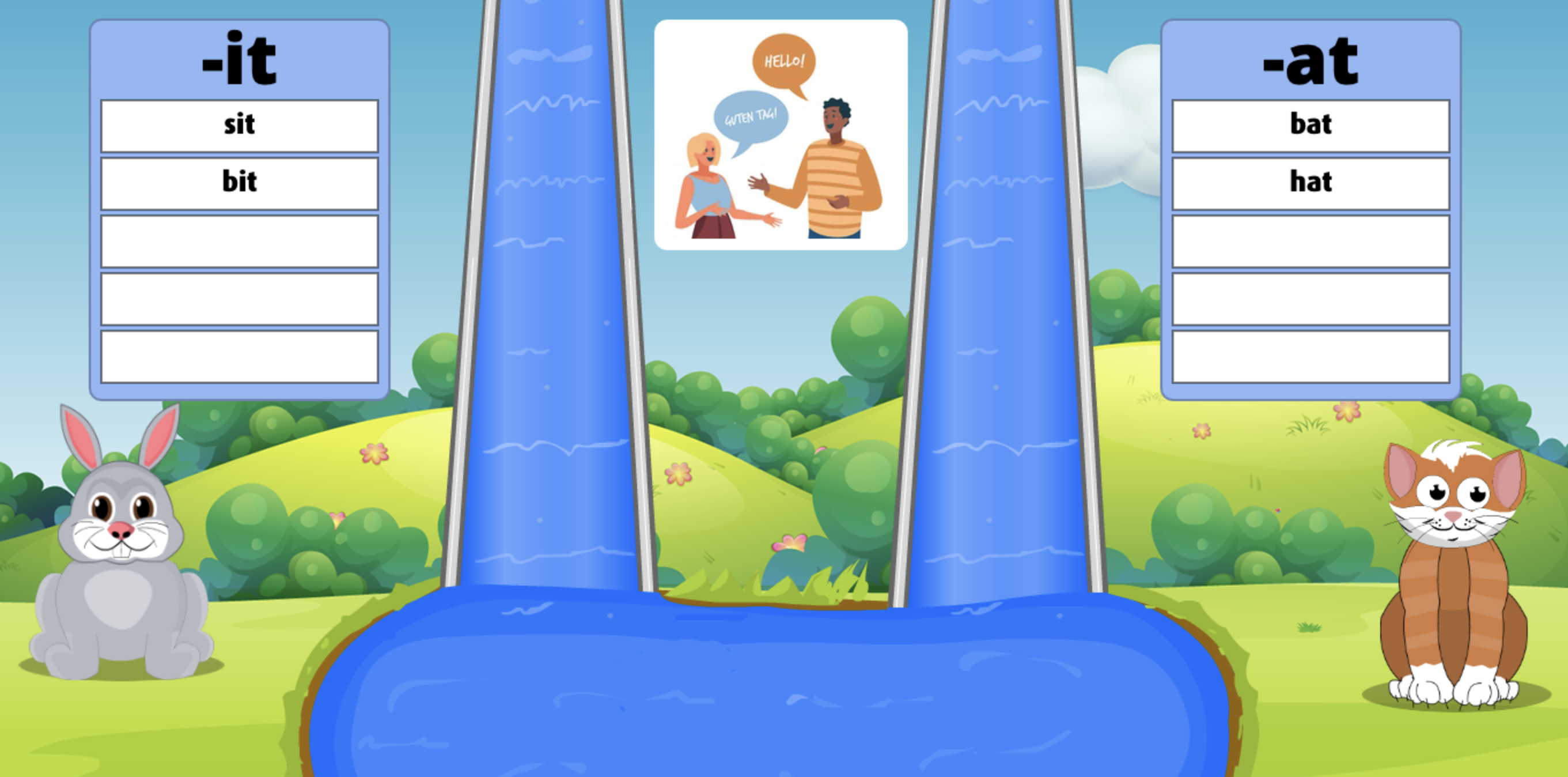 Select which word family chat belongs to to make Rabbit and Cat slide down the water slide
